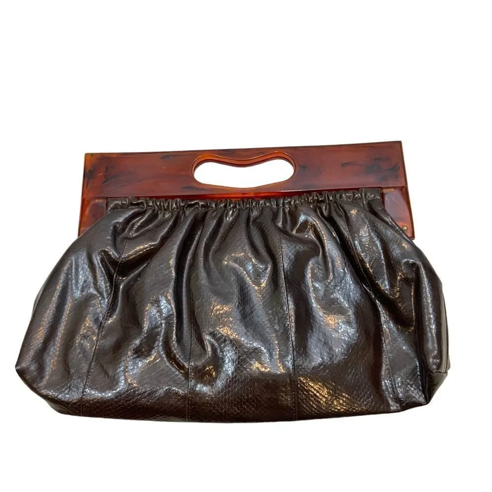 Vintage Brown Vinyl Faux Leather Clutch with Tortoiseshell Plastic‎ Handle 60s